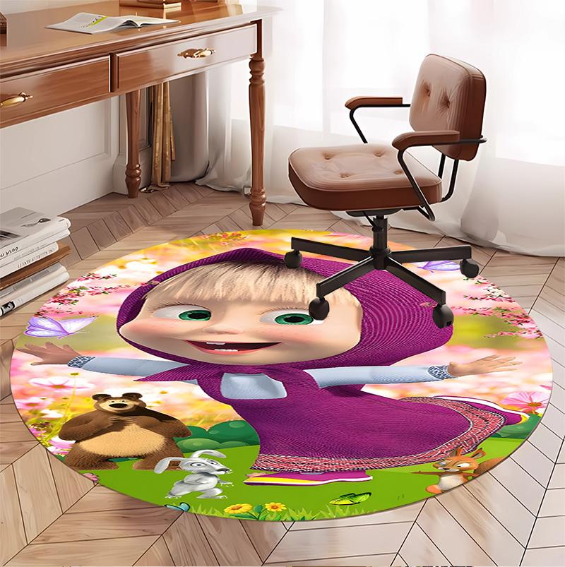 Masha and The Bear Pattern Round Rug, Indoor/Outdoor Mat, for Picnic, Gameroom, Bedroom, Office, Living Room, Home Decor Carpet, Birthday Gift