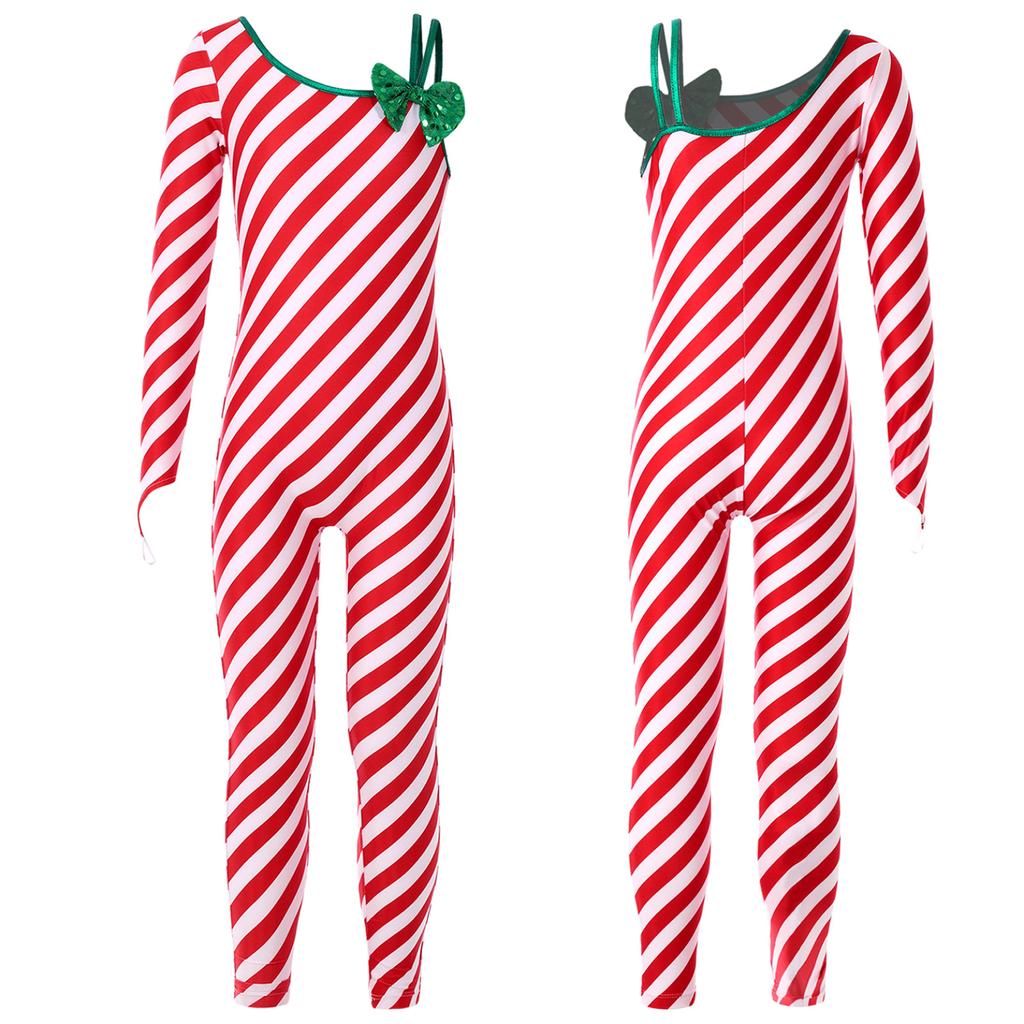 Girls Christmas Candy Cane Striped Unitard One Shoulder Long Sleeve Jumpsuit Ballet Dance Performance Costume