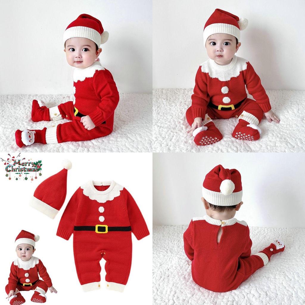 Adorable Christmas Baby Knitted Romper Jumpsuit Outfit W/ Santa Claus Sweater Hat