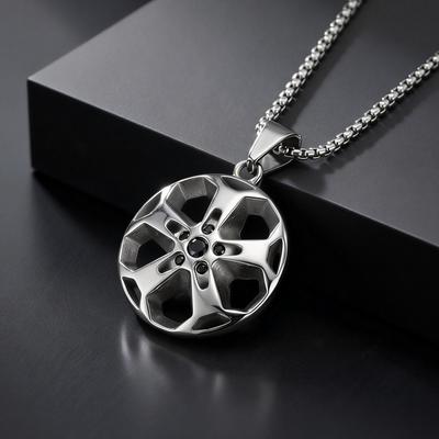 Creative Unique Wheel Hub Pendant Necklace Inlaid Cubic Zircon Stainless Steel Necklace Fashion Punk Jewelry for Men Gift
