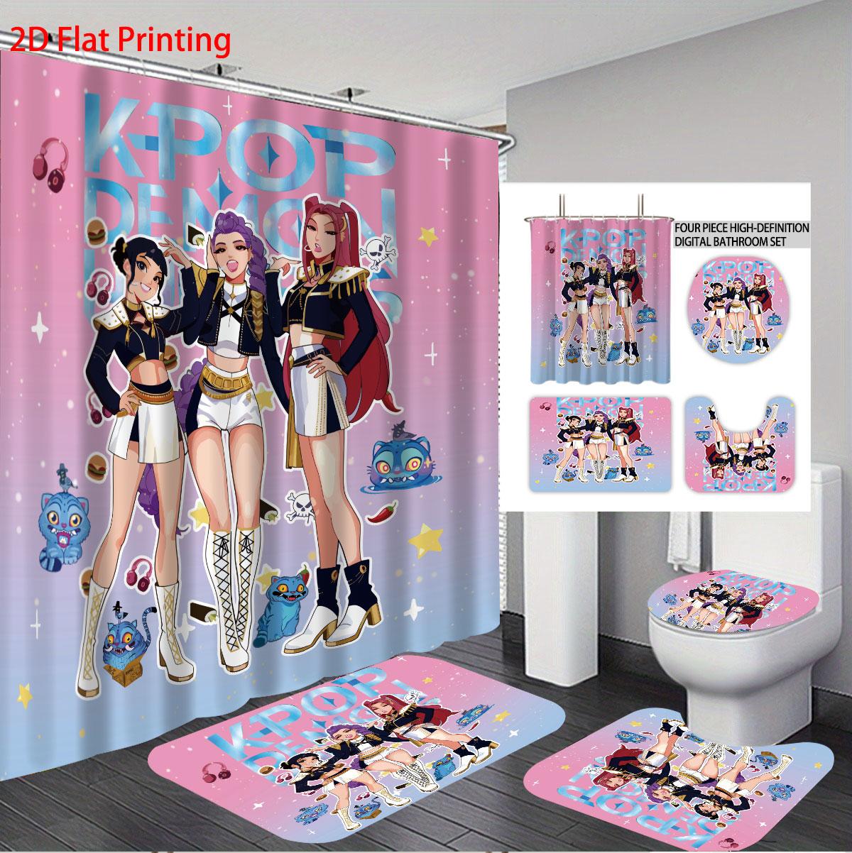 4pcs K-Pop Demon Hunters printed bathroom set 180x180 waterproof shower curtain, floor mat, U-shaped mat, toilet seat mat Regular