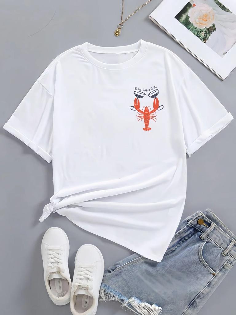 T-Shirt mit Hummer- und Weinglas-Print, kurzärmelig, lässiger und vielseitiger Stil, geeignet für sommerliche Alltagskleidung und zum Ausgehen