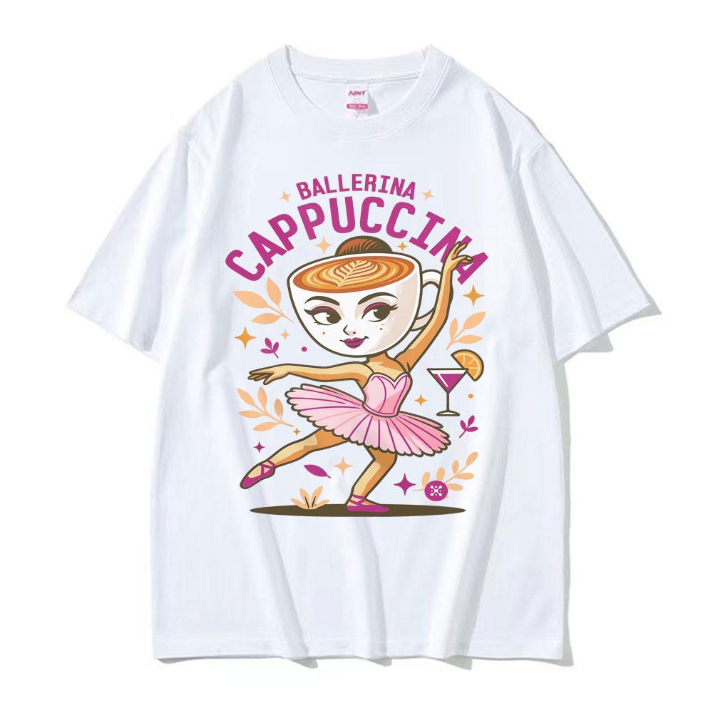 Niedliches Kaffee Ballerina Cappuccina T-Shirt Lustiges Italienisches Brainrot Meme T-Shirts Herren Unisex Übergroßes Mode Rundhals T-Shirt Tops