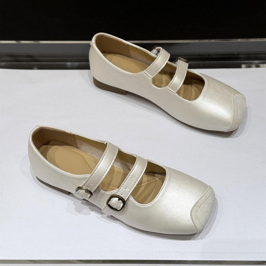 Korean Version of Flat-bottomed Versatile Word with Ballet Single Shoes Women's 2025 New Summer Retro Square Head Mary Jane Small Leather Shoes