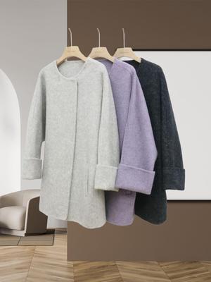 Double-Sided Wool Overcoat: Autumn/Winter, Round Neck, Batwing Sleeves, Hidden Snap Buttons, 82cm Length, Slimming Fit.