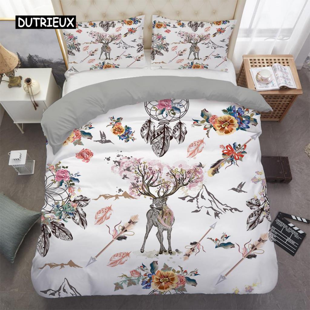 Dream Catcher Duvet Cover Set Bull Skull Native Tribal Feather Boho Design Bedding Set Microfiber Queen King Size Quilt Cover