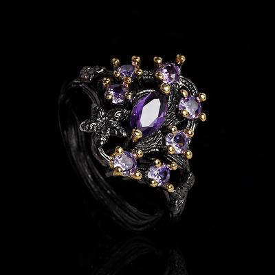 Anillo de Moda de Zircón Morado para Dama Elegante Anillo de Flor Bicolor de Oro Negro