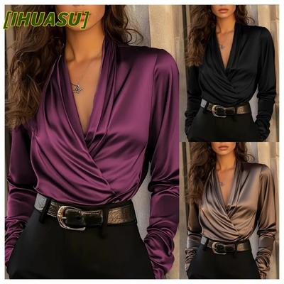 Women's Fashion Casual Solid Color Print Long Sleeve V Neck Blouses & Shirts International Design