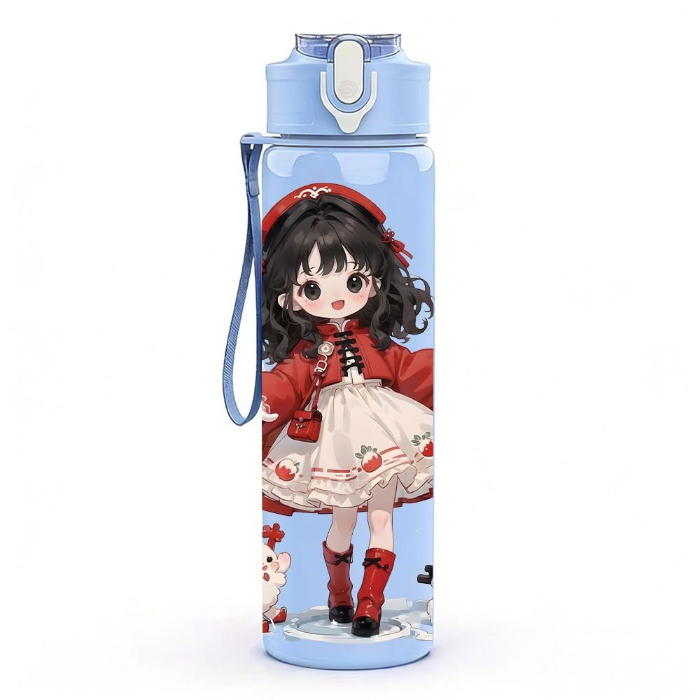 1PC Red Cloak Little Girl With Rose Pattern 750ml Color Plastic Sports Water Bottle Leakproof Flip Straw Lid Suitable for Sports Office Home Use