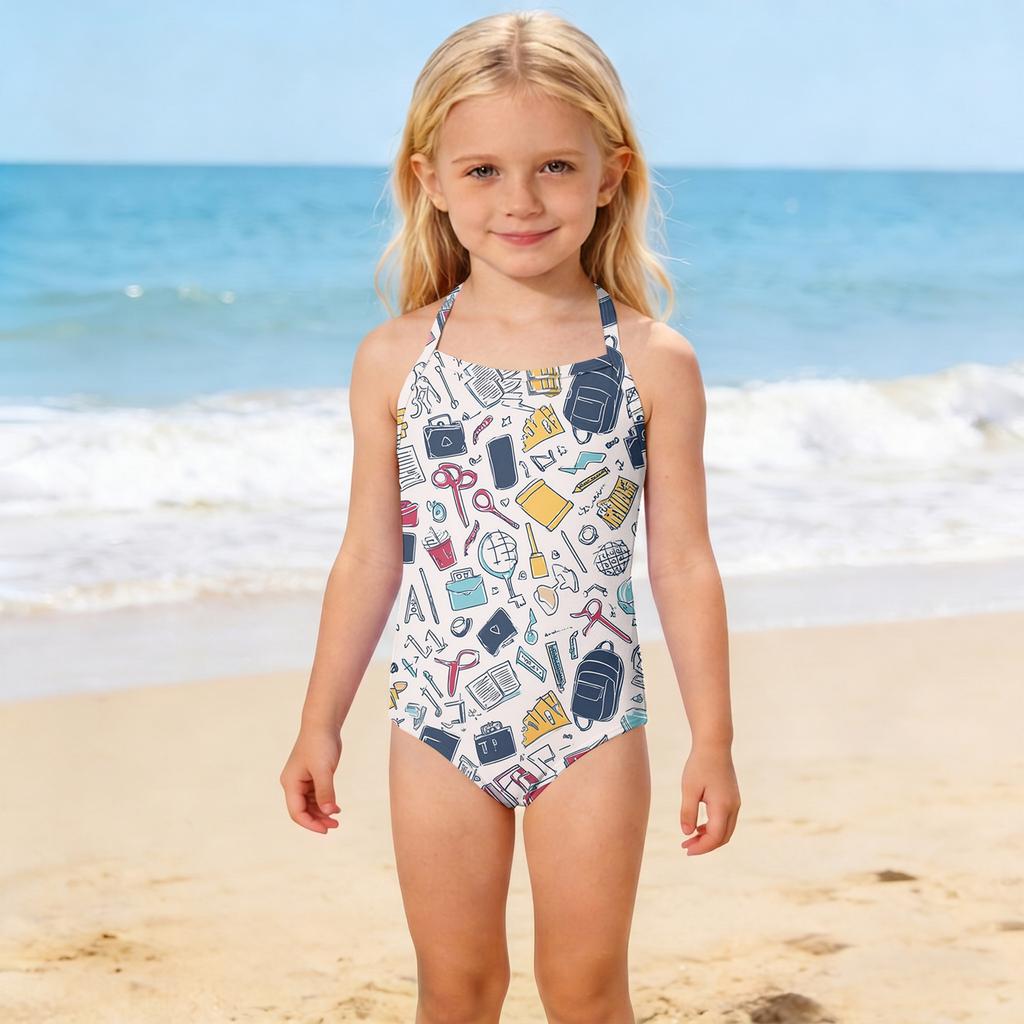 Girls One Piece Swimsuit Kids School Supplies Print Adjustable Straps Summer Beach Swimwear Bathing Suit for Toddlers and Children