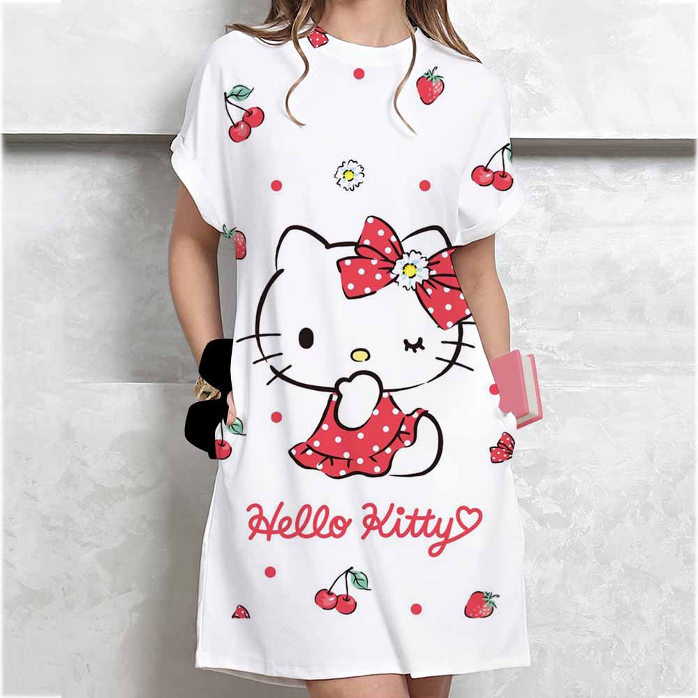 Women's Long Tshirt Dress Summer Fashion Girl Hello Kitty Print Oversized Casual Round Neck Short Sleeved Mini T-shirt Dress
