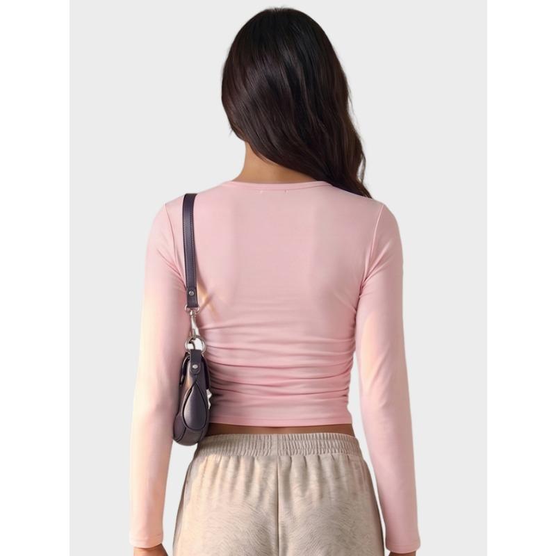 Women Side Ruched Long Sleeve Slim Fit Thin Sunscreen Casual Base T Shirt
