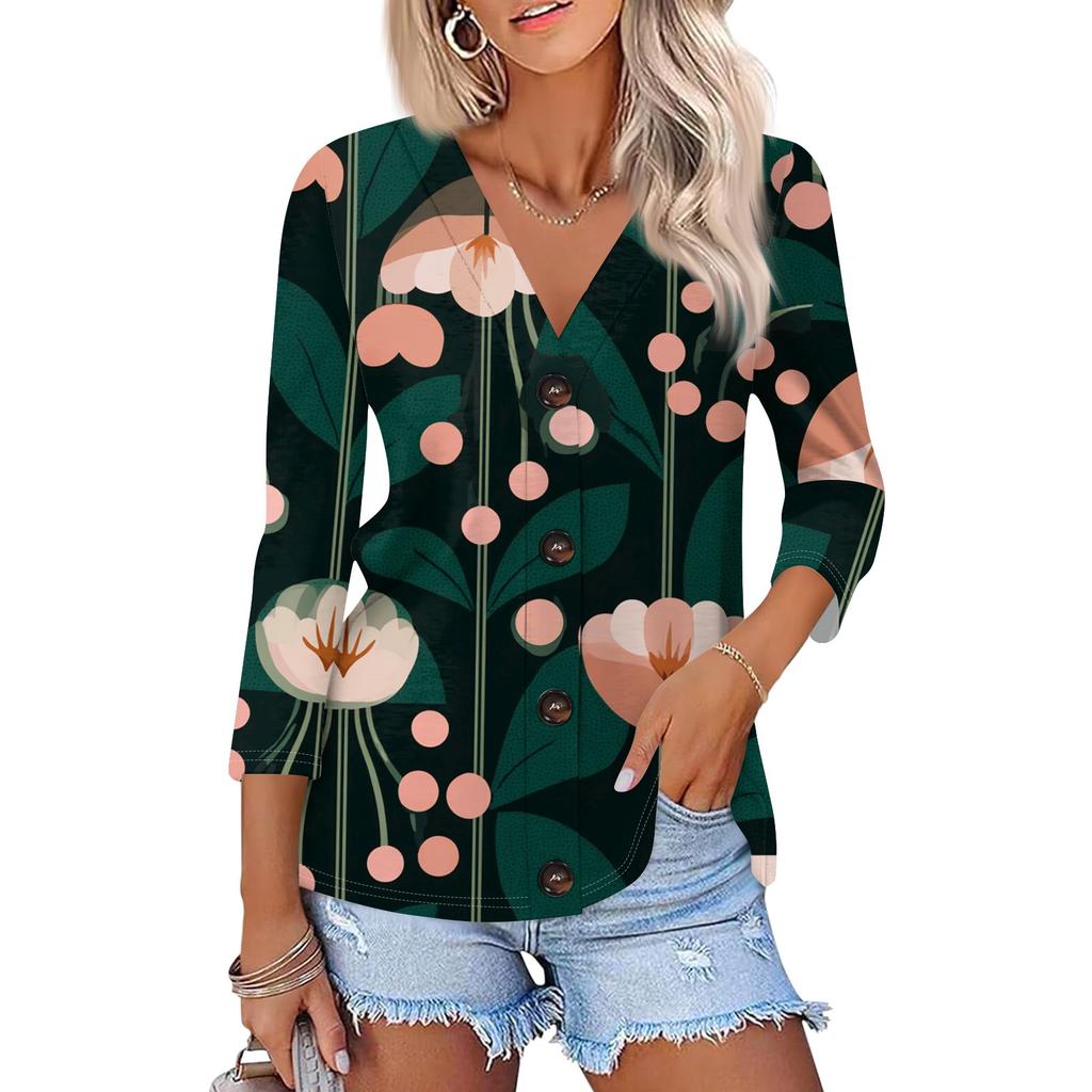Women's Casual Fashion Floral Print Three-quarter Sleeve Button Cardigan Top