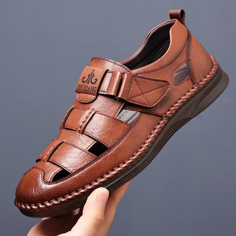 

New leather sandals hollow men s casual hole shoes Velcro one-pedal dad shoes beef tendon sole sandals men 44
