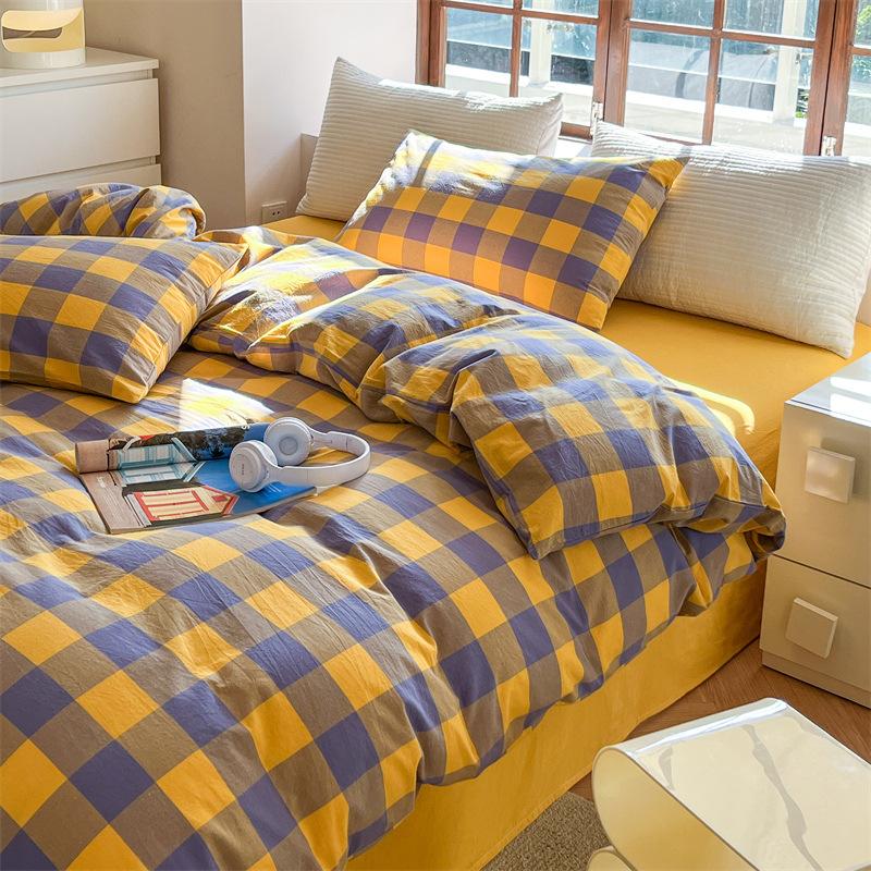 Retro Striped Four-piece Set, Cotton Pure Cotton 100 Washed Cotton Bed Sheet Quilt Cover, Male Student Dormitory Bed Three-piece Set 1