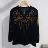 Autumn Women's Plus-Size Velvet Blouse Loose V-Neck Pullover T Shirt Embroidered Flocked Velvet Blouse
