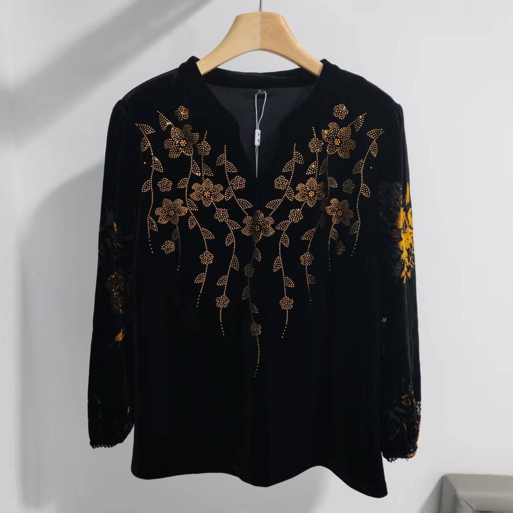 Autumn Women's Plus-Size Velvet Blouse Loose V-Neck Pullover T Shirt Embroidered Flocked Velvet Blouse