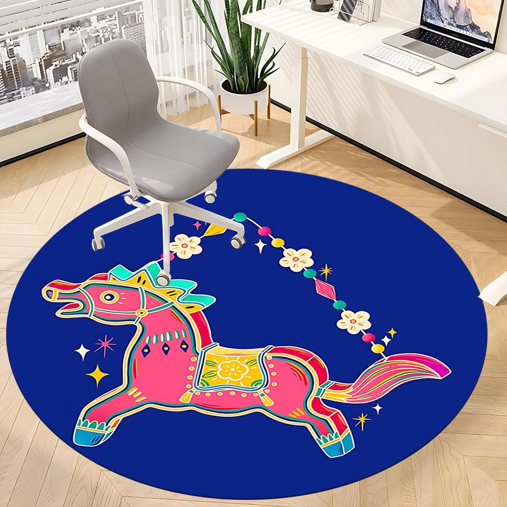 1pc Colorful Horse Ornament Chair Carpet for Office, Round Polyester Mat, Indoor Decor for Office, Easycare Fabric, Washable Non-slip Area Carpet