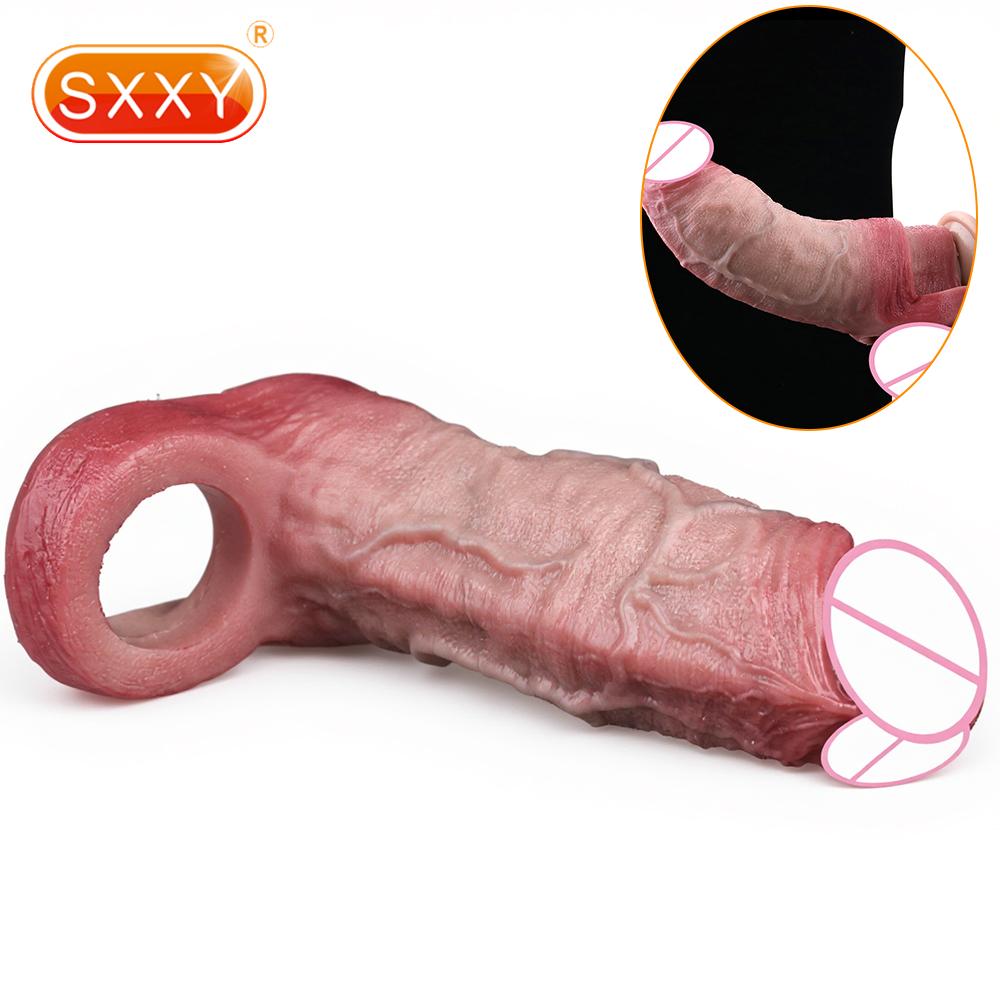 SXXY Real Veins Lifelike Closed Head Penis Sleeve For Men Dick Enlargement Silicone Reusable Condom Sex Products For Adult