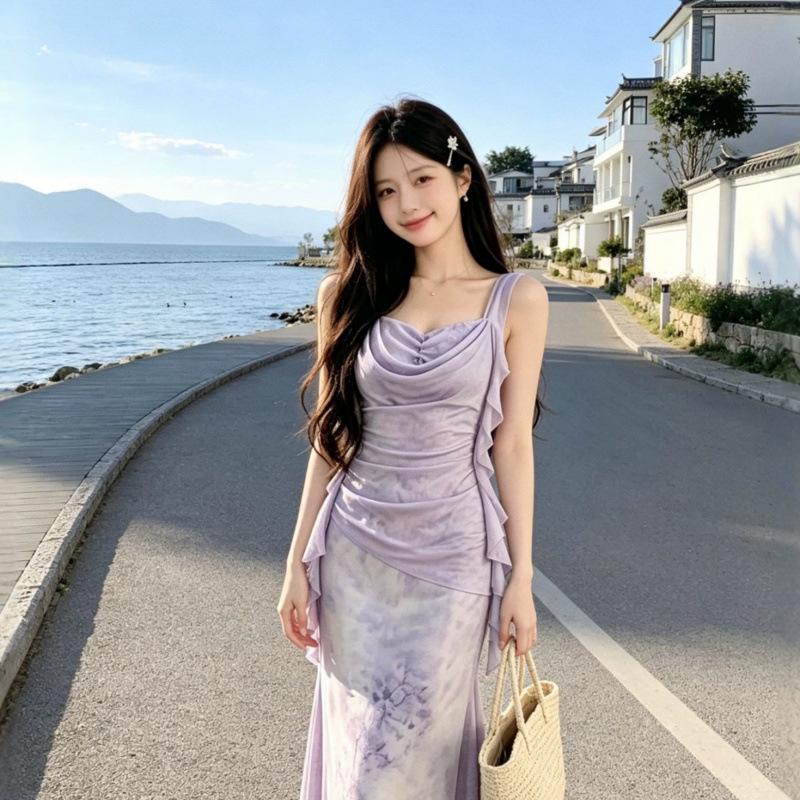 Summer new temperament women's long dress niche design slim and thin suspender dress women