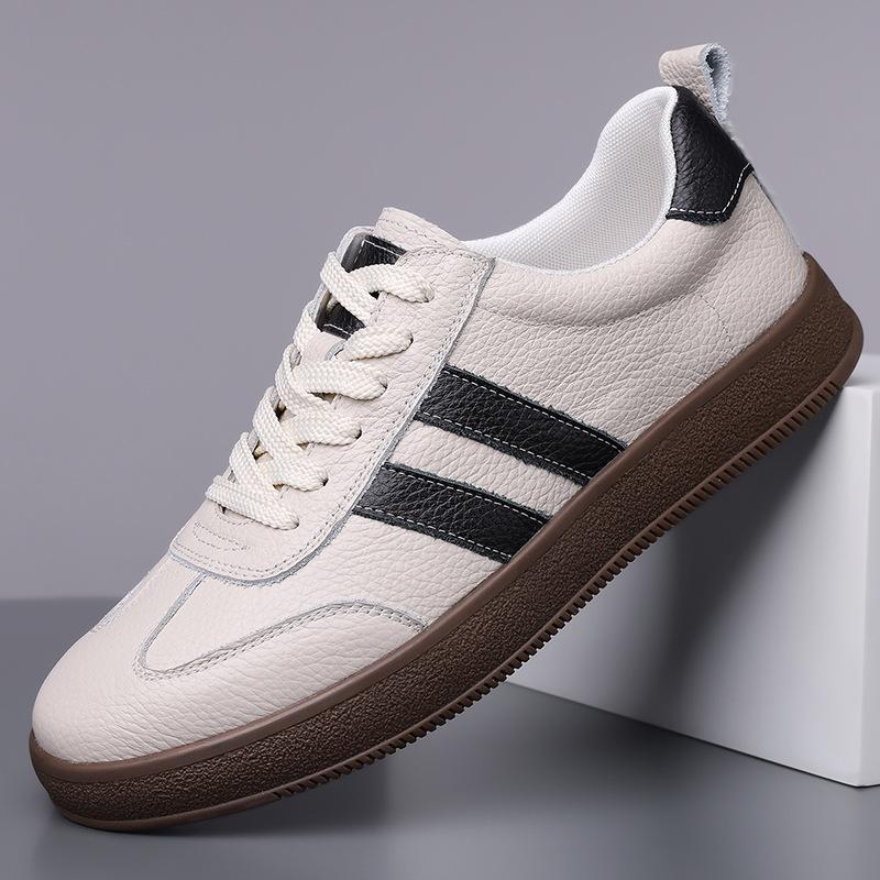 2025 New Shoes for Men Genuine Leather Casual Shoes Fashion Striped Cow Leather Flat Skateboard Shoes Youth Lace-up Sneaker