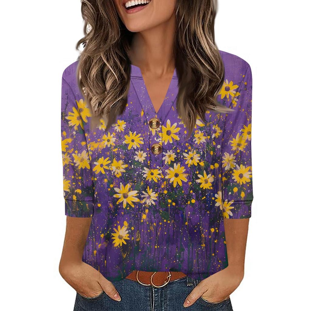 Ladies' Fashionable And Casual Floral Printed Three-quarter Sleeve Loose V-neck Button Shirt