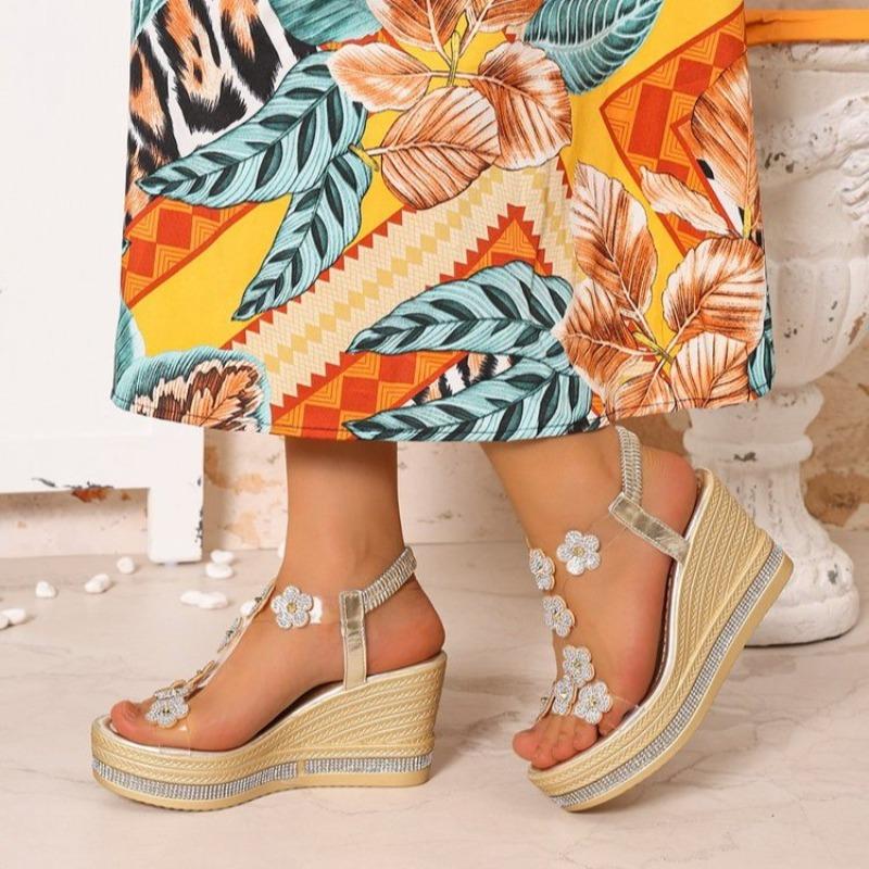 Keilsandalen Damen 2025 Sommer Neu Runde Zehenpartie Offene Zehenpartie Strassblumen Schmal Commuter Weiche Sohle Damenschuhe