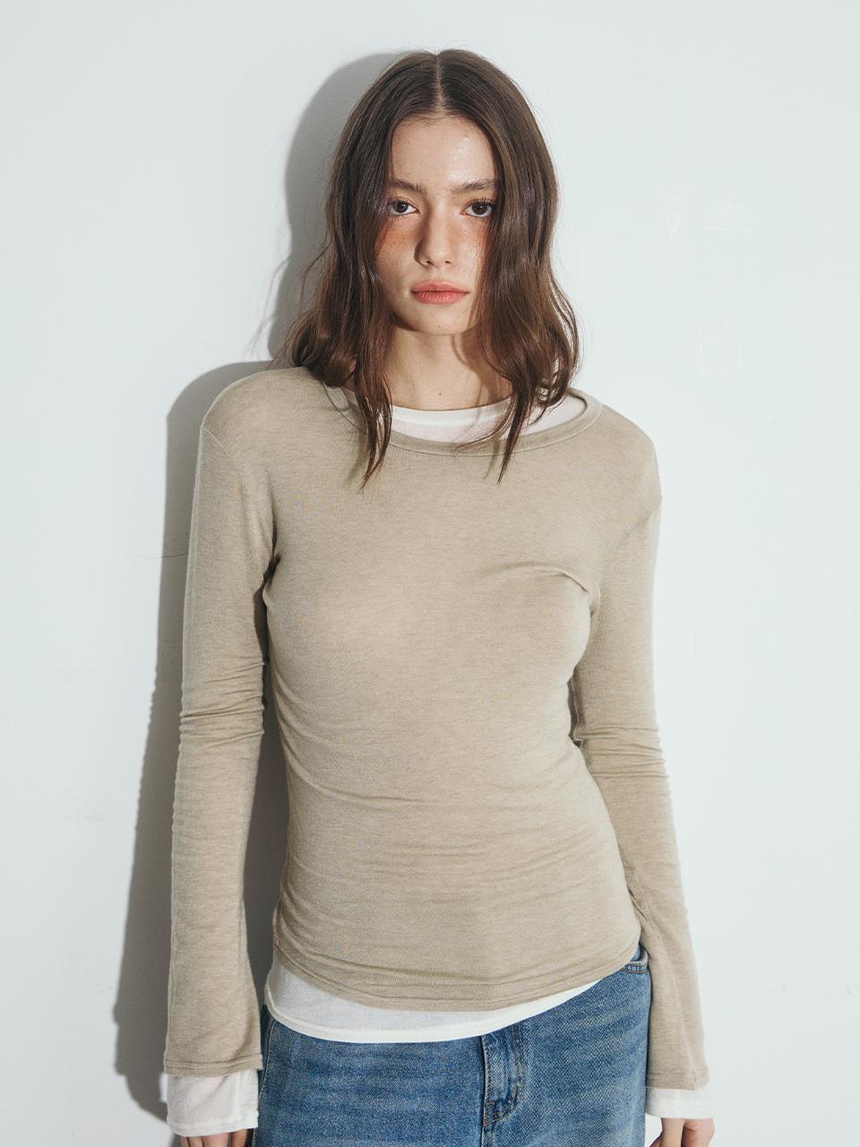 Opish Basic See-Through Long Sleeve, Beige Beige/Os
