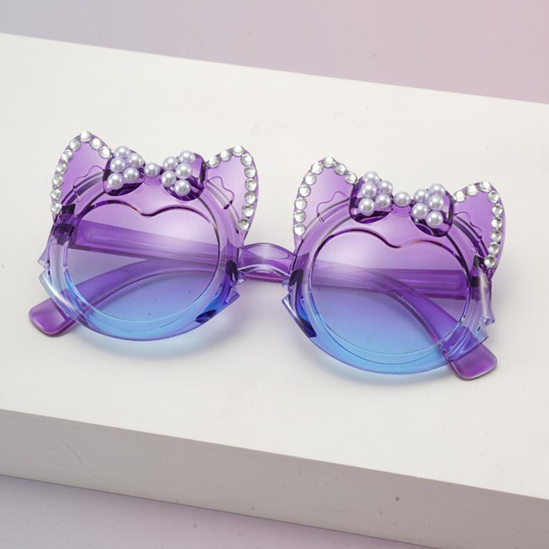 Cute Funny Cat Ear Bow Kids Sunglasses Pearl Rhinestone UV Protection Toddler Girl Gradient Lens Shades Birthday Gift KJ245