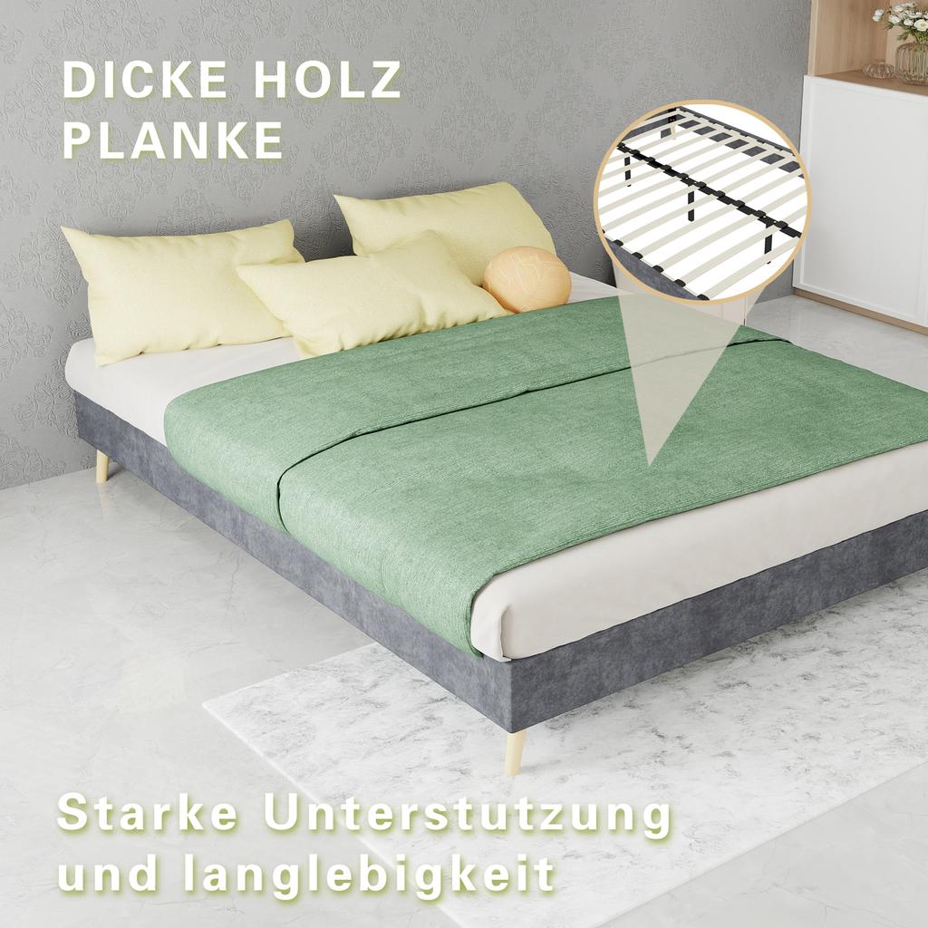 Modern Minimalist Bed Frame, 140x200 cm, Grey, Dutch Velvet Fabric, Low-Profile Base, Bedroom Furniture. Excludes Gas Lift, Headboard, and Mattress.