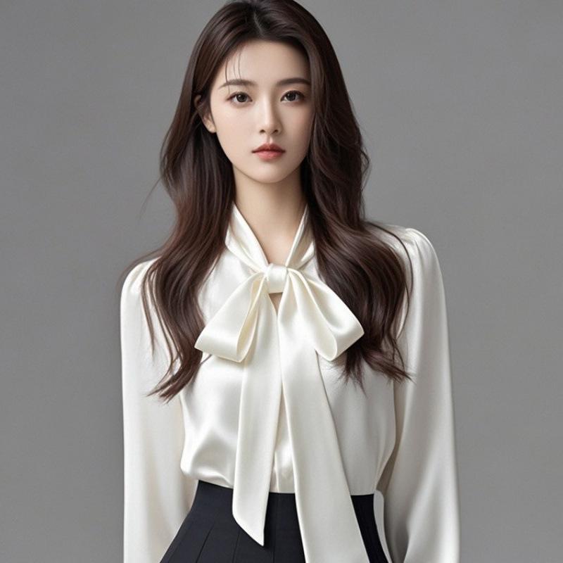 2025 Spring/Autumn Women's High-End Flowy Ribbon Bow Long Sleeve White Shirt for Professional Wear