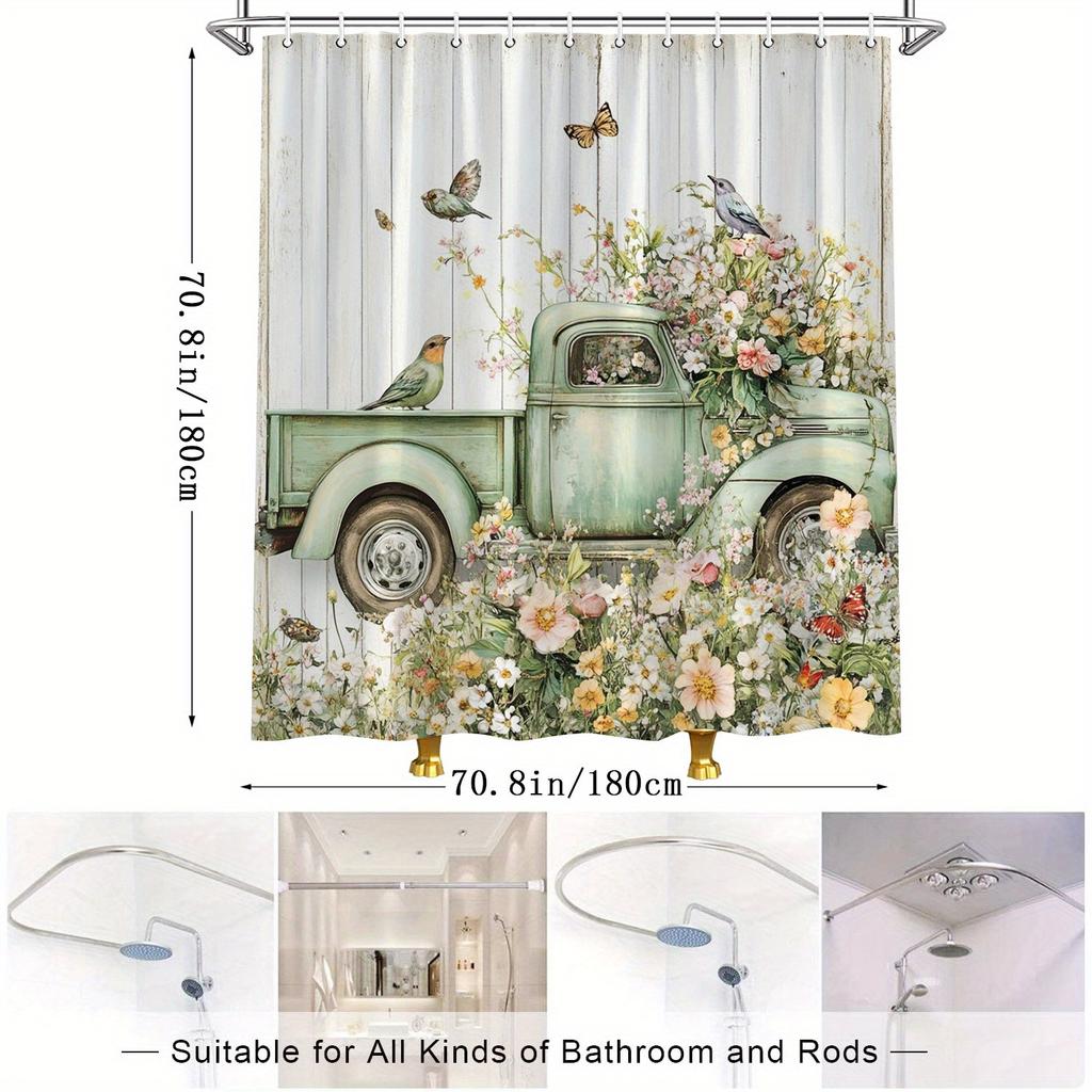 Vintage Pickup Truck Shower Curtain - Whimsical Floral Design with Flowers, Birds & Butterflies, Polyester, 12 Hooks