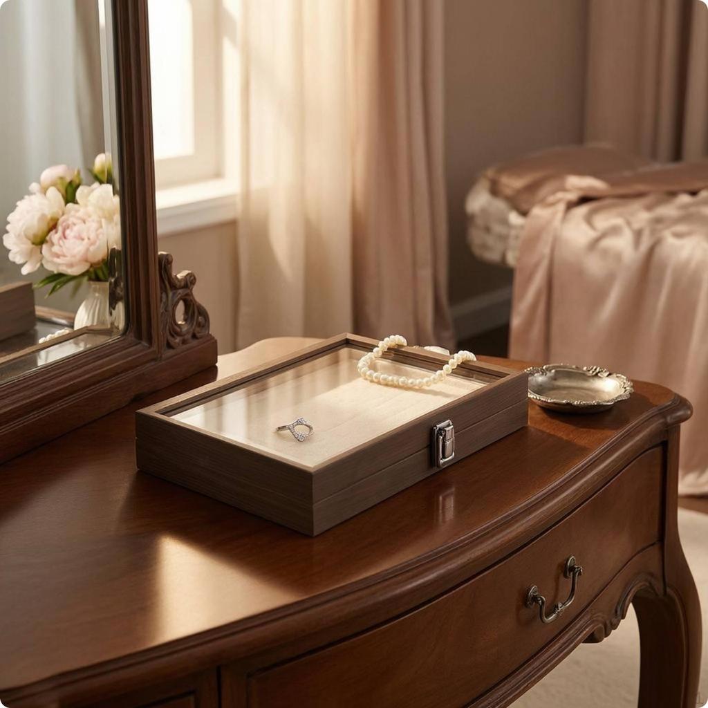 Jewelry Display Box WoodGrain Storage Metal Clasp Beige 100 Ring