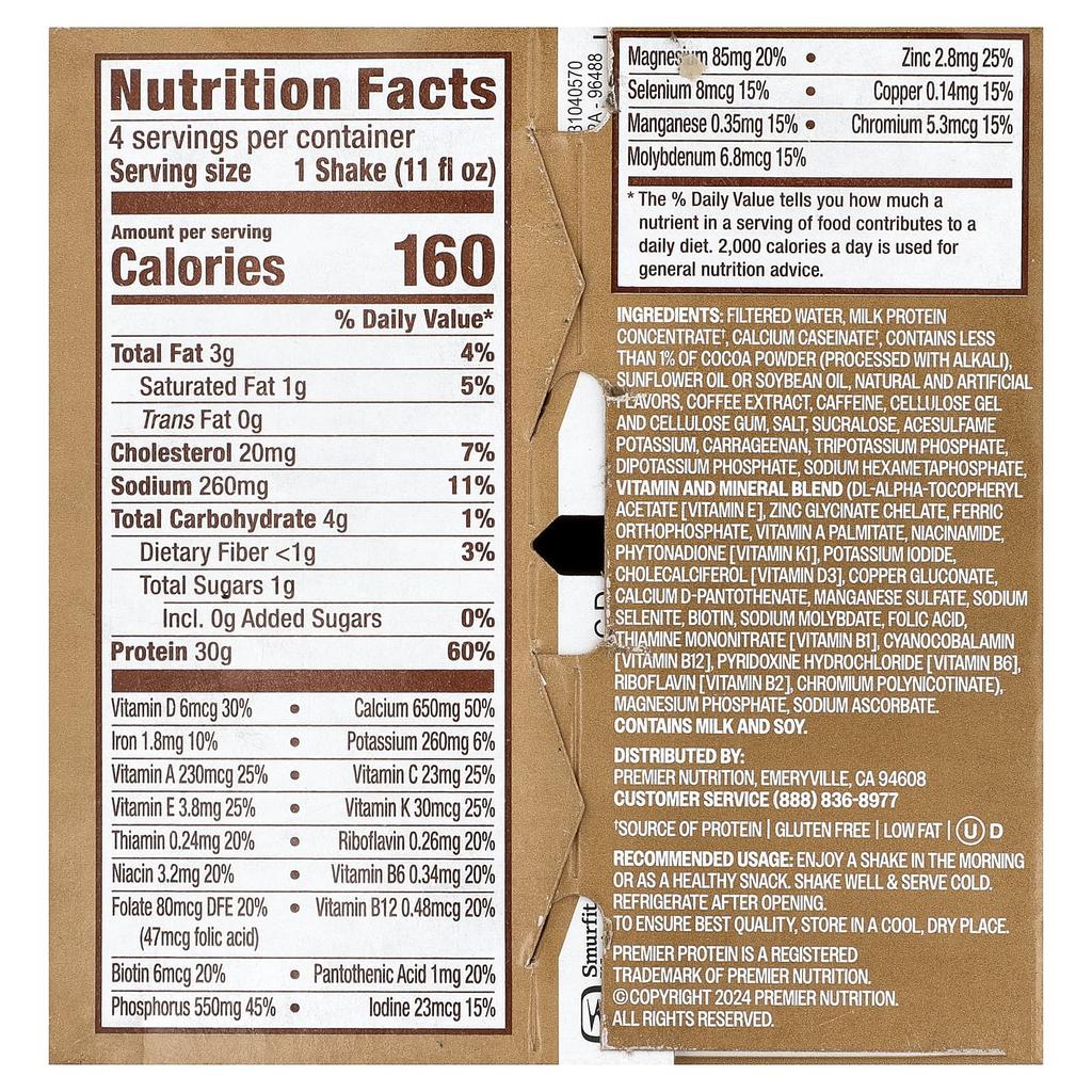 Premier Protein, High Protein Shake, Café Latte, 4 Shakes, 325ml (11 fl oz) each