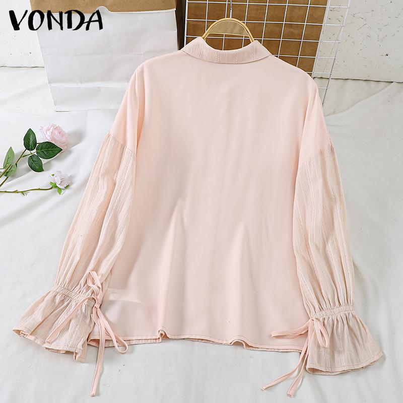 VONDA Women Fashion Solid Color Shirt Collar Striped Ruffle Long Sleeve Shirts