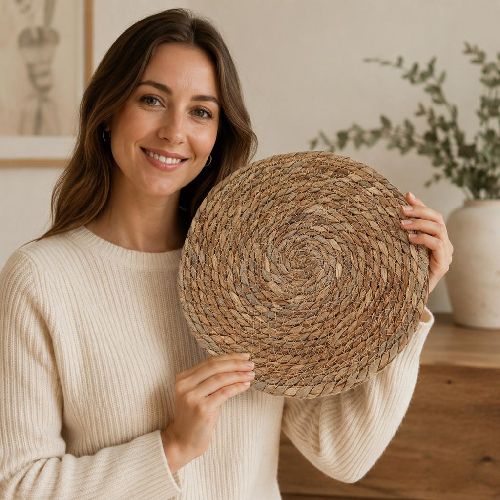 Handwoven Round Straw Placemat Natural Fiber Braided Table Mat Heat Resistant Coaster for Dining Kitchen Home Use
