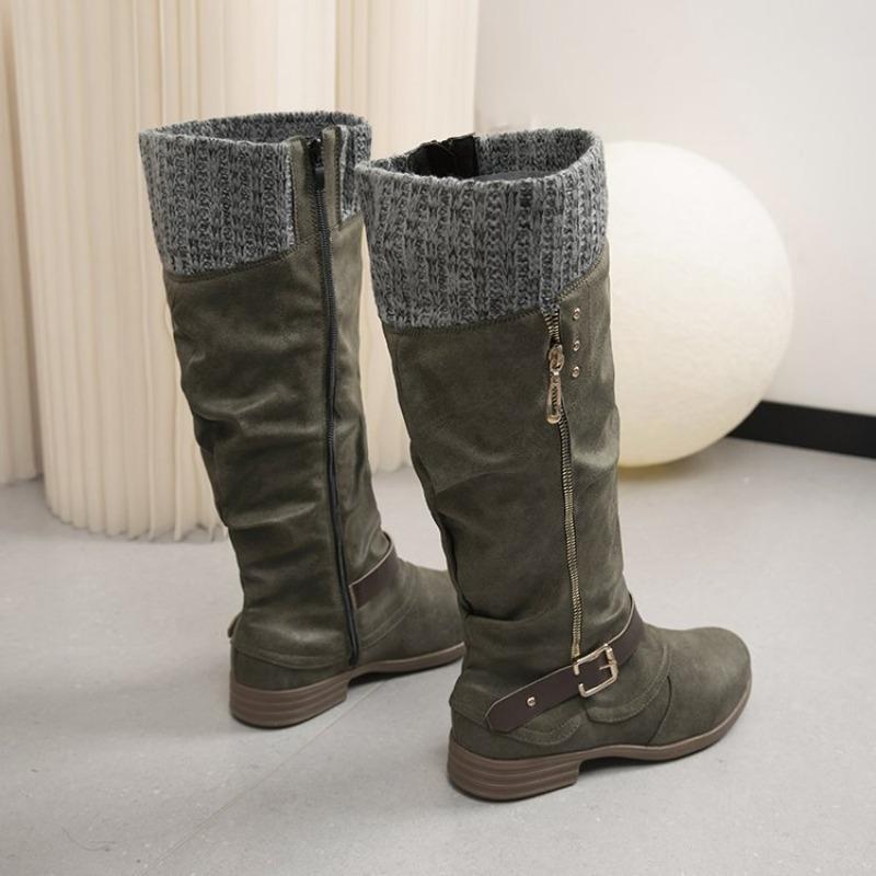 Large Size Tall Tube But Knee Metal Buckle Boots Autumn and Winter New Round Head Women's Boots