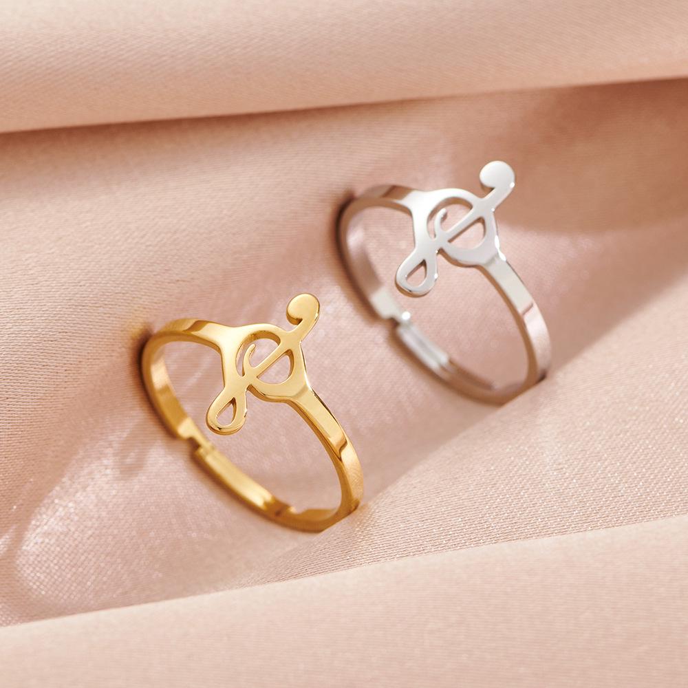 Korean Style Stainless Steel Music Note Adjustable Ring for Women - Colorfast and Stylish Design