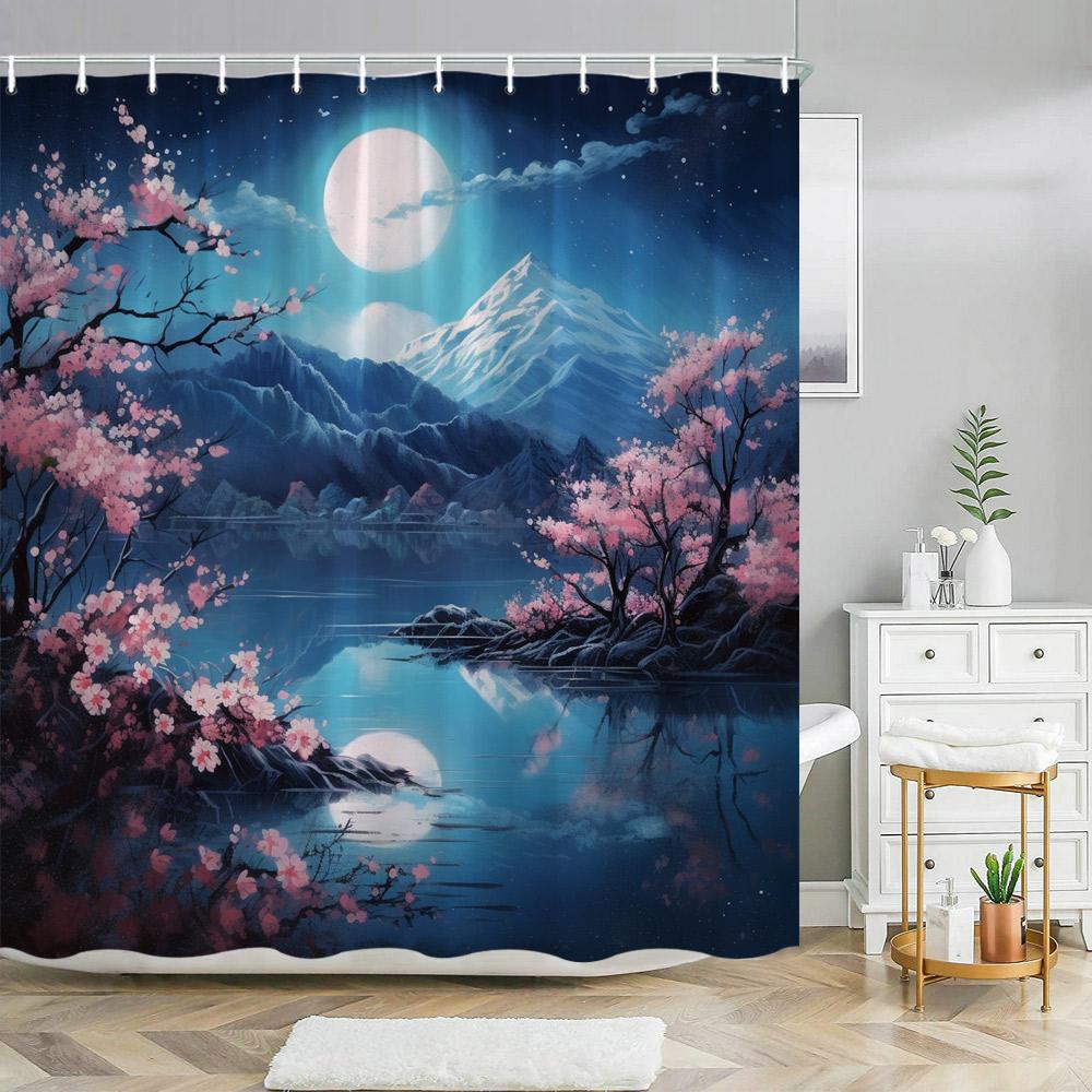 Chinese Landscape Landscape painting Shower Curtain Ink Painting Landscape Polyester Fabric Washable Bath Curtain Bathroom Decor