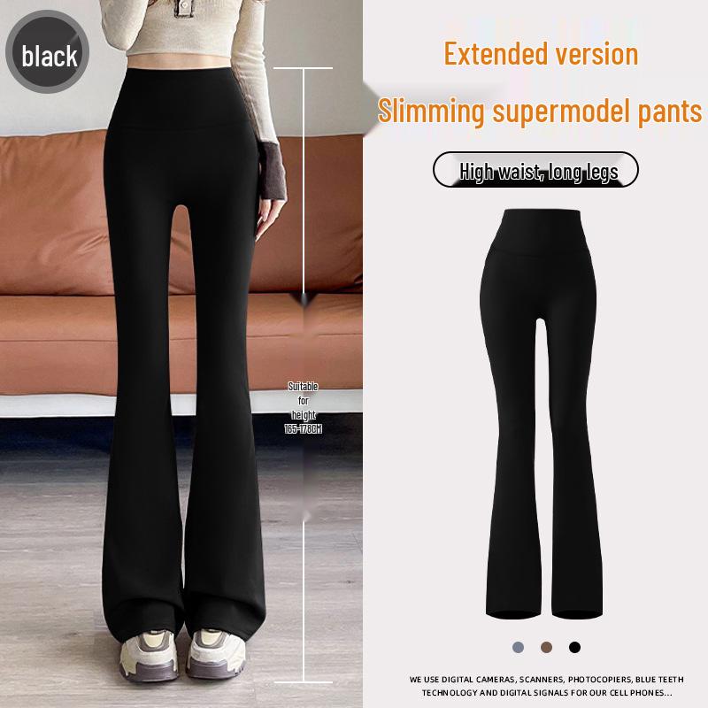 Women's Black Micro-Flare Yoga Pants - Slimming, Elastic, Plush, Extended Autumn/Winter Base Layer
