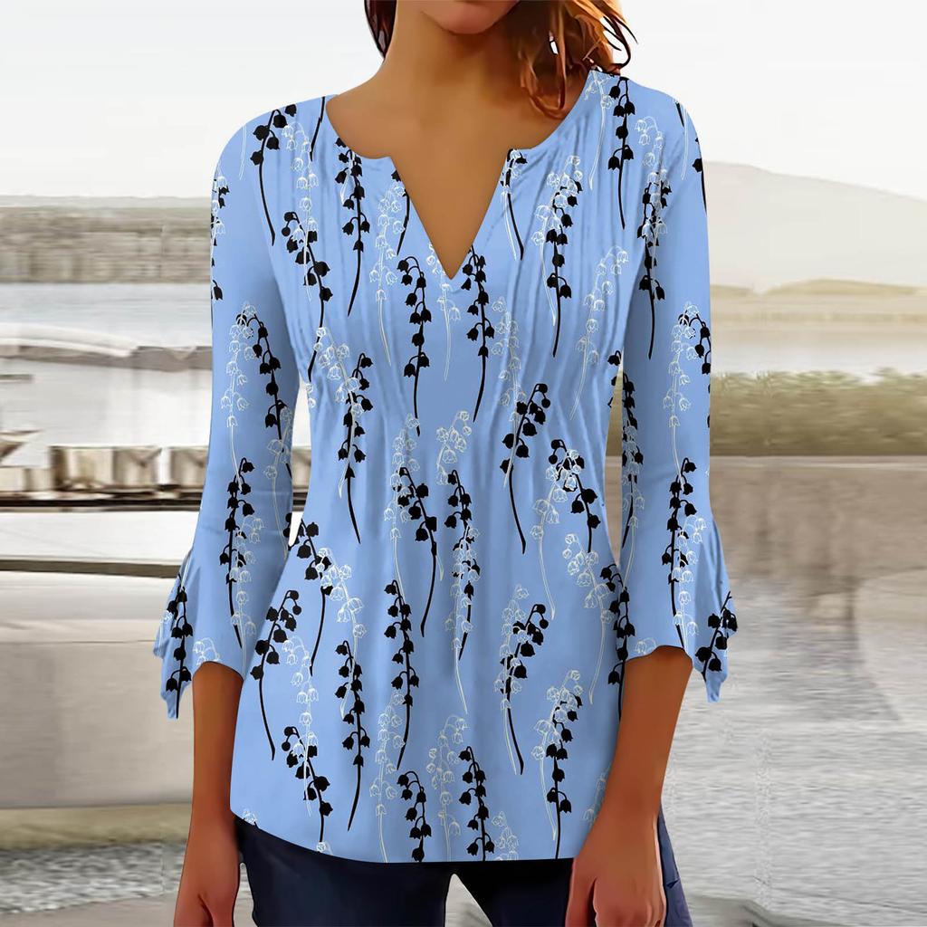 Summer Autumn A Line Slim Black White Floral T Shirt Women Loose Elegant 3/4 Sleeve Printed Tops Ladies Clothing