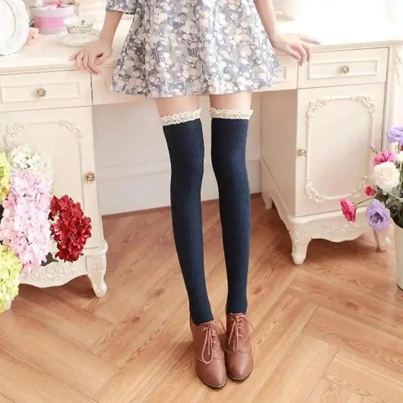 1 Pair Women Fashionable Solid Color Warm Cotton Thigh High Long Stockings Knit Over Knee Lace Girls Socks Accessories Creative