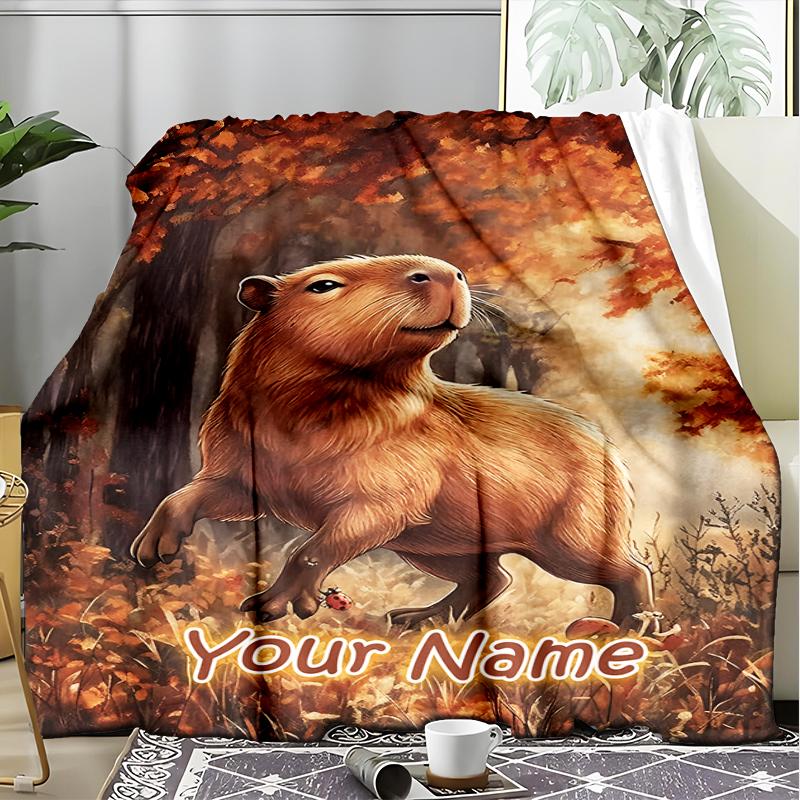 1PC Custom Name Autumn Capybara Adventure flannel blanket versatile,all-season throw suitable for the living room,bedroom,camping,travel,and gift