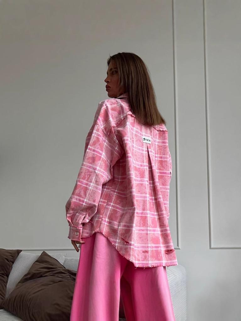 Karomuster Hemd 2026 Frühling Sommer Neu Retro Kariert Knopfleiste Oversized Shacket Rosa Vichy-Karos Hemd Damen Lässiges Oberteil