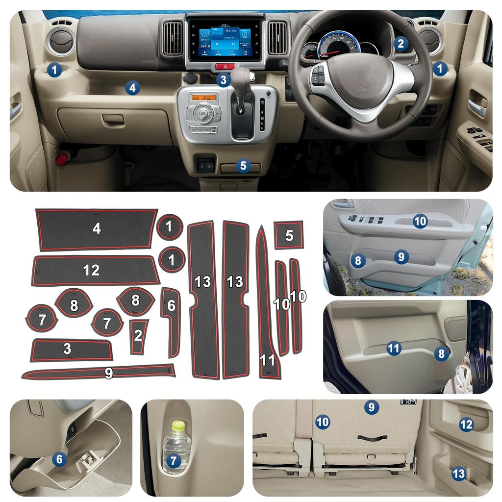 RUIYA Rubber Mats for Suzuki Every Door Pocket Interior Rubber Every Every Wagon DA17W Custom Easy Red DA17V/DA17W, Plates, Non-Slip, Soundproof,