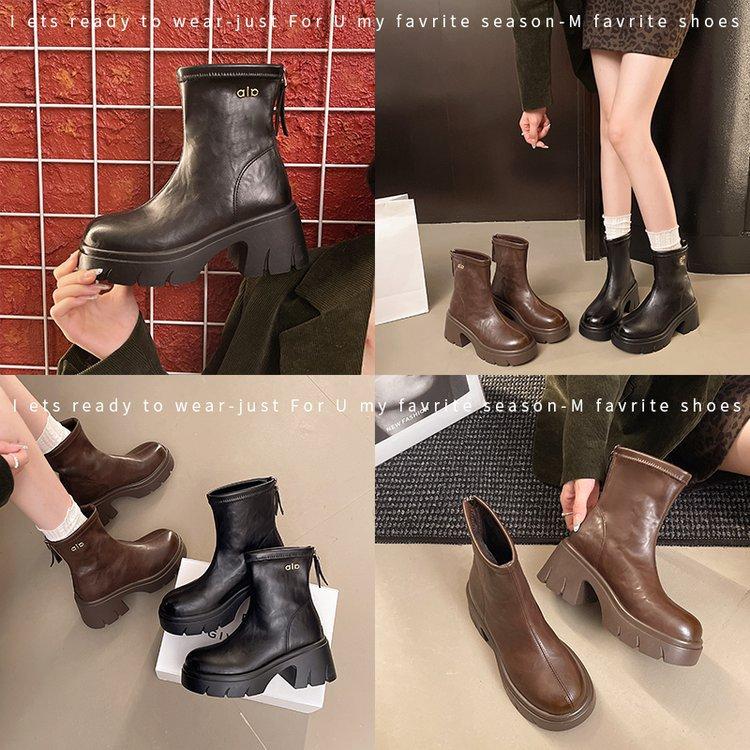 Dadong fashion boots women's shoes 2025 winter new casual thick heel rear zipper high heel round head Martin boots women