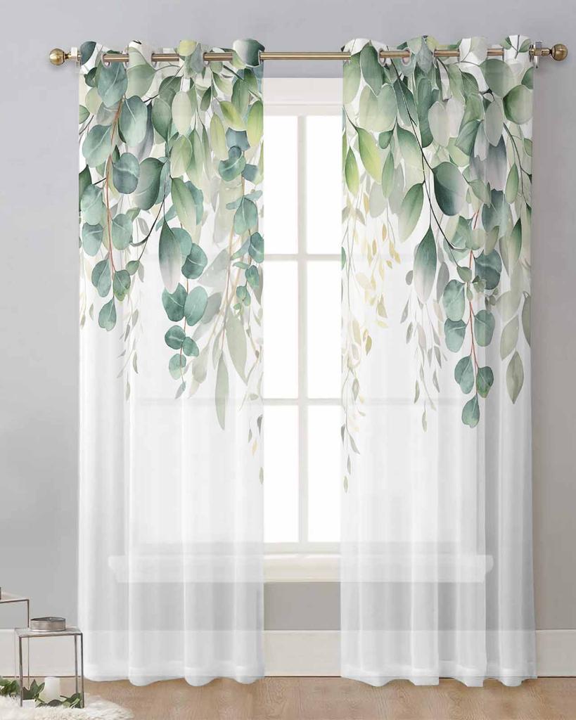 Spring Watercolor Plant Eucalyptus Leaves Sheer Curtains for Living Room Decoration Window Curtains Kitchen Tulle Voile Curtains