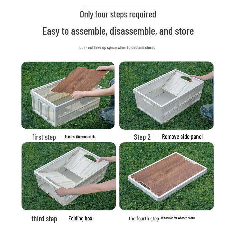 Collapsible Outdoor Camping Storage Box with Wooden Lid for Car Trunk Organization