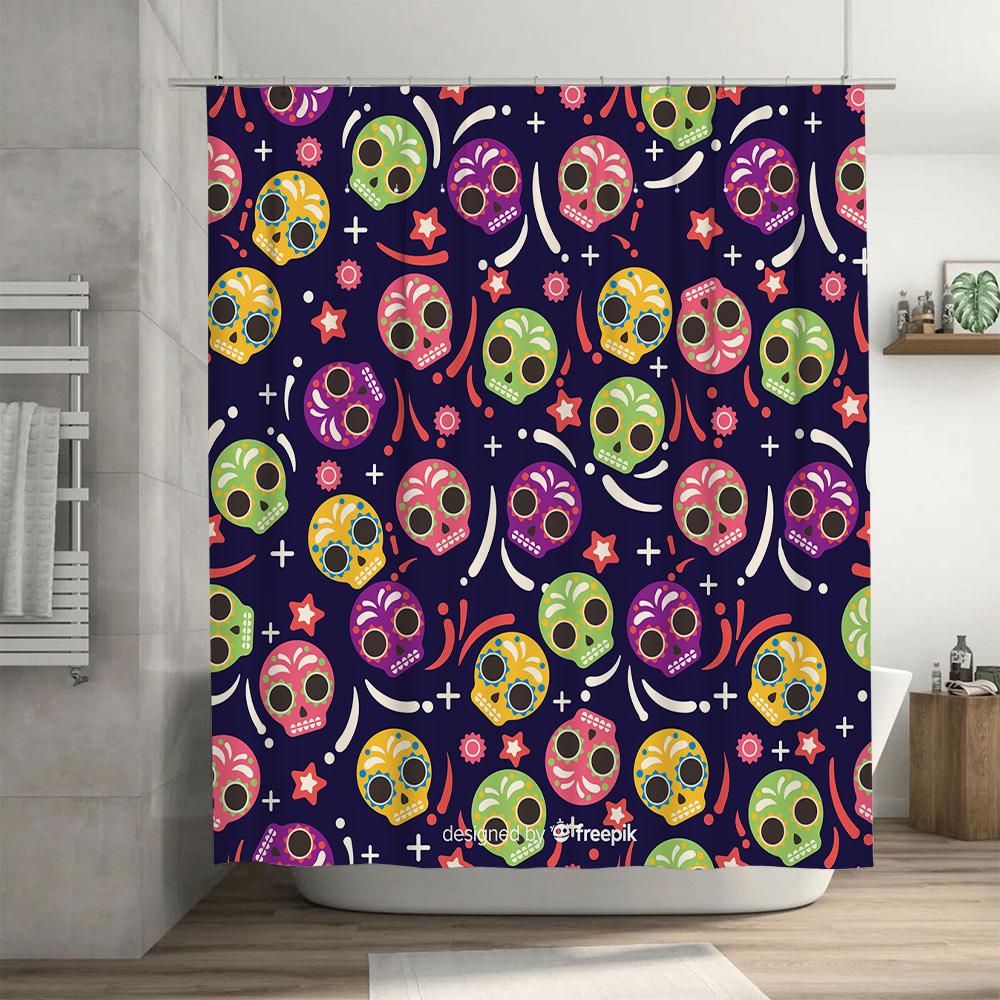 Retro Skull Design Shower Curtain Set with Bright Colors Great for Bathroom Decor!