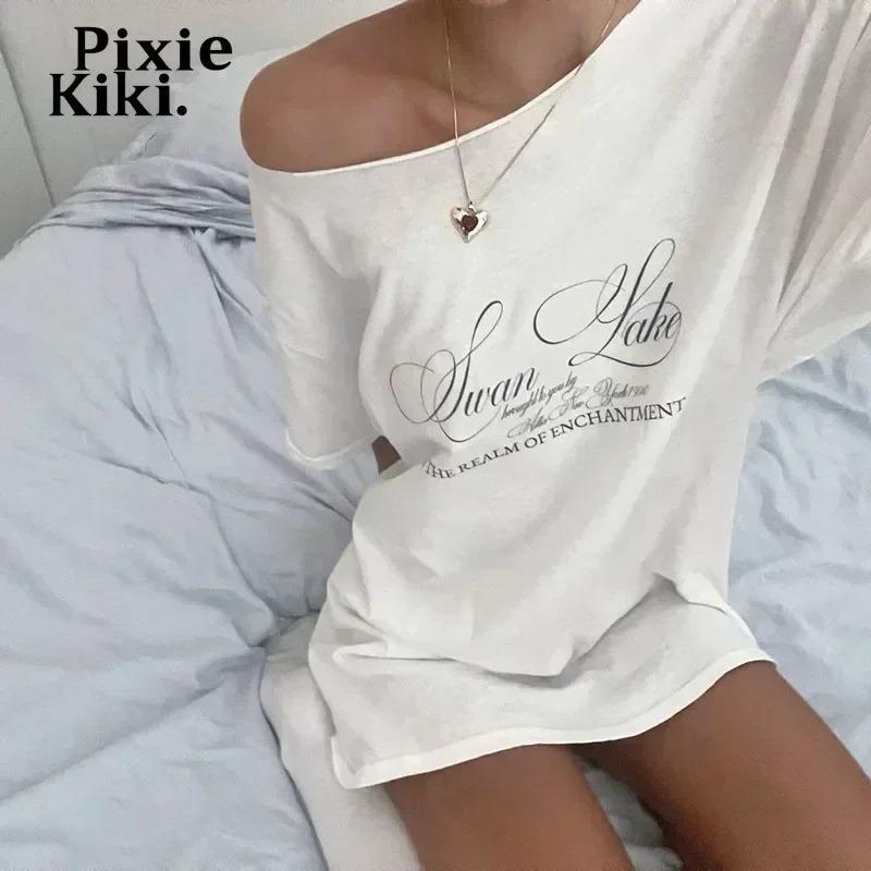 PixieKiki Letter Print Graphic T Shirts White Oversized One Shoulder Tops Womens Summer Fashion Clothing Trends 2024 P71-BG14